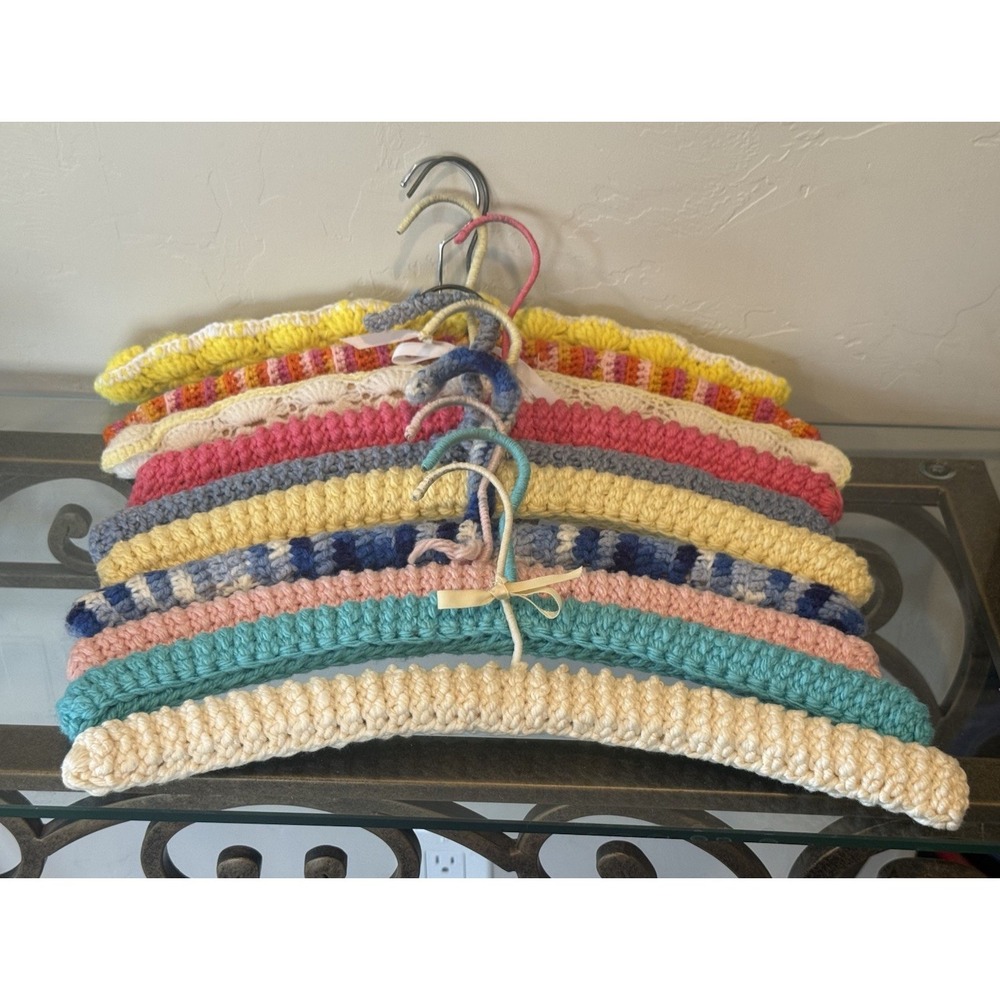 10 PC Vtg 70s Handmade Crochet Padded Clothes Hanger Lot Retro Cottagecore Boho